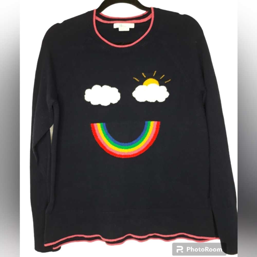 Boden Happy Rainbow Sweater Size Medium Sustainably Made 50/50 Wool Cotton Blend